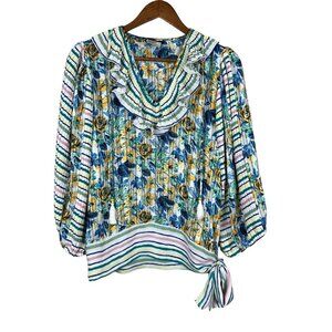 Diane Freis Georgette Blouse Top Womens Large Colorful Floral Stripe Ruffle Tie‎